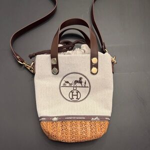 Hermès Straw & Canvas Bucket Bag with Brown Leather Trim